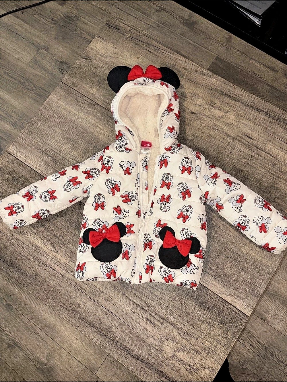Disney Minnie Mouse Toddler Girls Sherpa-Lined Puffer Jacket with Ears and Bow